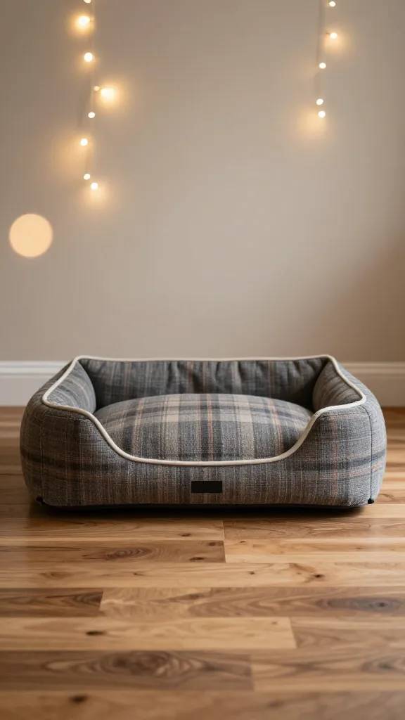 tartan bolster dog bed on hardwood, soft bokeh lights