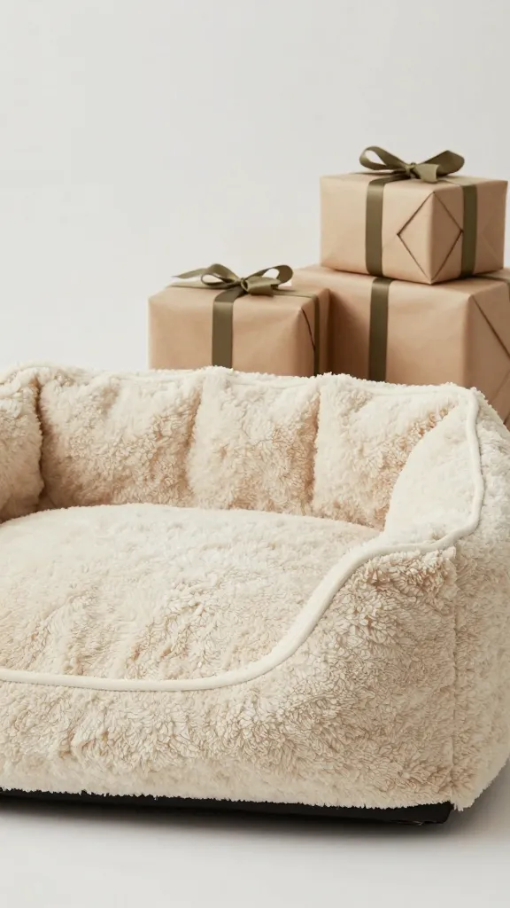 cream boucle dog bed next to wrapped gifts