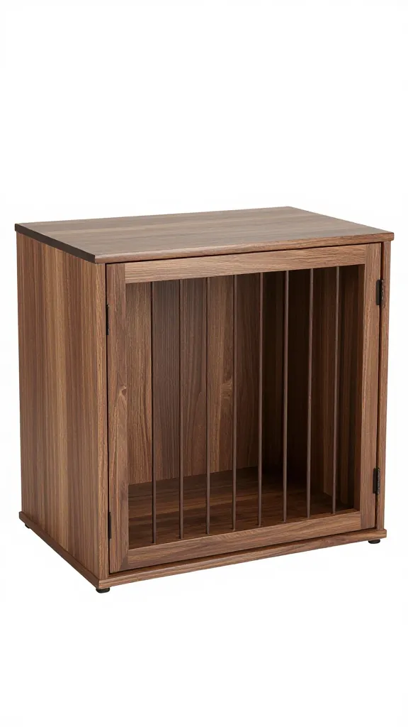 Dog crate with walnut top styled as console table