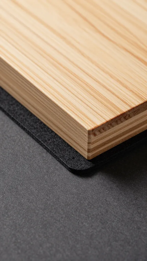 Close-up felt pads under stained wood crate topper