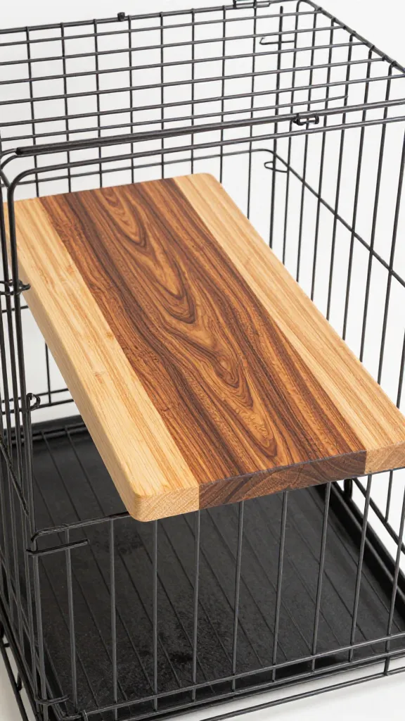 Espresso-stained butcher block on wire dog crate