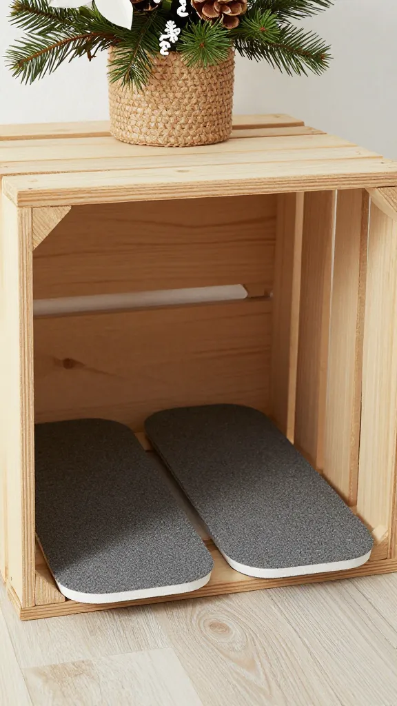 Non-slip grips beneath crate tabletop, holiday decor above