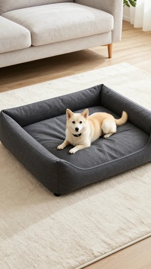 Dog bed on EVA foam mat and rug, living room