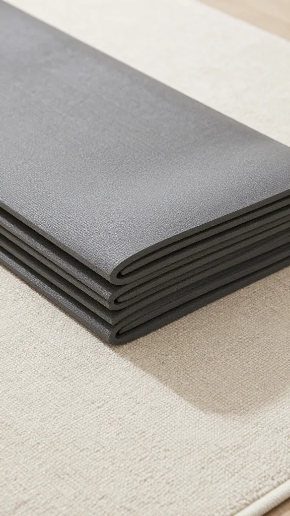 Foam exercise mat stacked under washable area rug