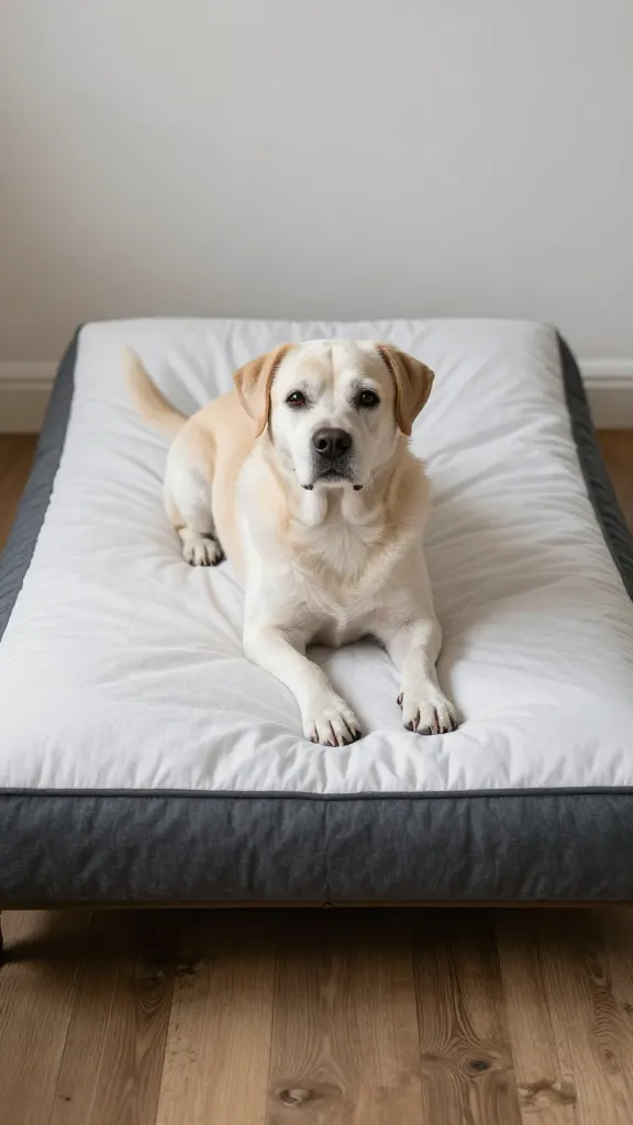Senior dog on insulated bed, drafty floor blocked