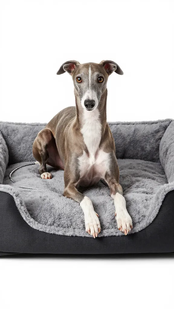 small greyhound on UL-certified heated dog bed, chew-proof cord