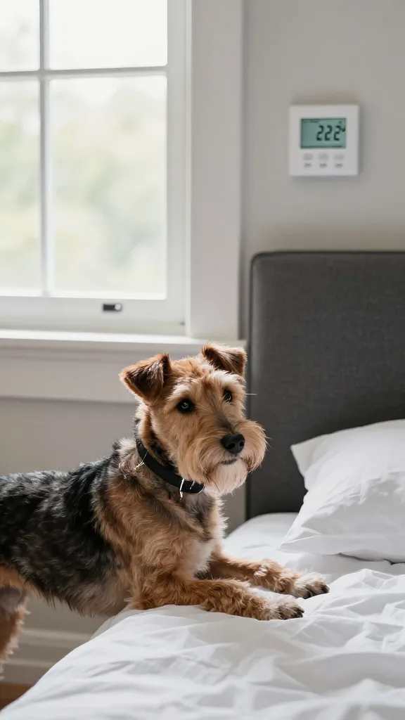 terrier in bolster bed beside draft-free window, thermostat 102°F
