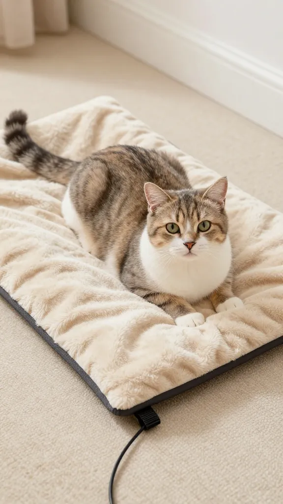 cat-safe heated dog mat under fleece blanket, tidy cord management