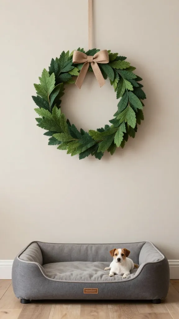 Wall-mounted felt wreath above dog bed, neutral walls