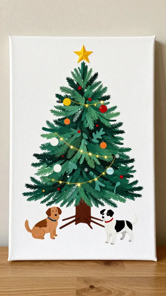 Canvas Christmas art elevated with command strips, tidy dog zone