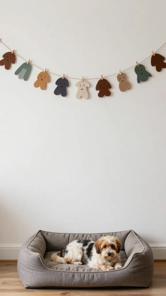 Felt garland draped high on wall, dog bed below