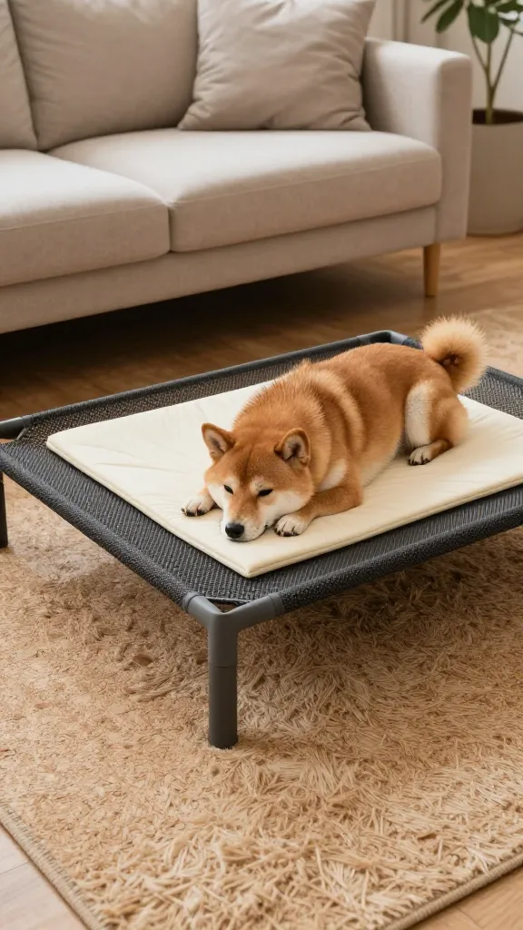 Scandinavian living room with raised mesh dog cot, dense wool rug over cork mat, closed-cell foam pad on cot, sleeping Shiba Inu, soft taupe and charcoal palette, eye-level angle, photorealistic, vertical 2:3, warm natural light, no text, no signs, no plaques