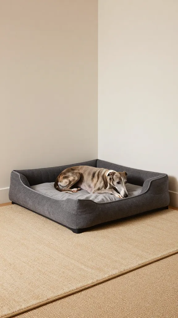 Minimalist bedroom corner featuring elevated dog cot, non-slip rug pad beneath a thick wool runner, quilted insert on cot, resting greyhound, sand and slate colors, three-quarter angle, photorealistic, vertical 2:3, warm natural light, no text, no signs, no plaques