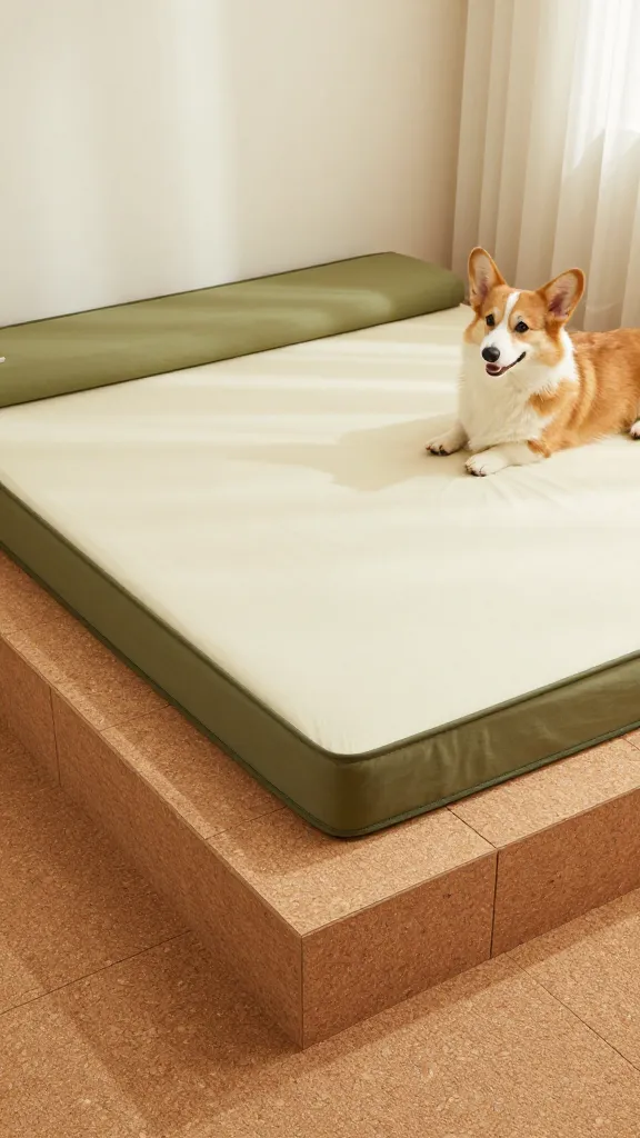 Sunroom setup with raised cot atop cork tiles and rug pad, insulated topper blocking drafts, relaxed corgi, olive and cream palette, slightly overhead angle, photorealistic, vertical 2:3, warm natural light, no text, no signs, no plaques