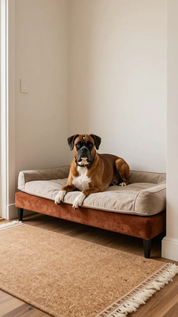 Modern entryway nook with lifted dog cot, layered cork mat and wool kilim underneath, fitted foam pad on top, calm boxer, rust and oatmeal tones, low side angle, photorealistic, vertical 2:3, warm natural light, no text, no signs, no plaques