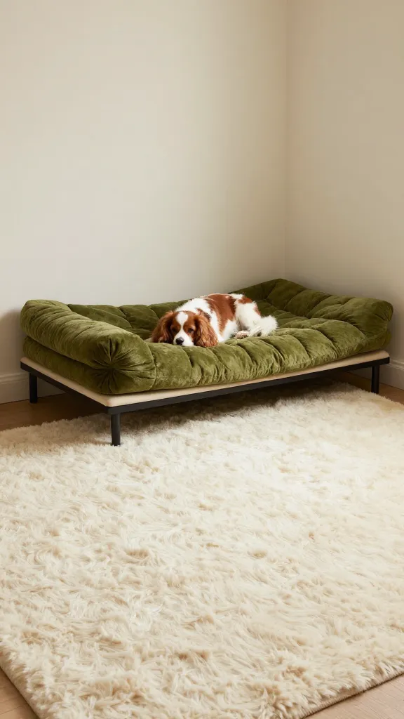 Cozy home office corner showing elevated cot over a non-slip pad and thick felted wool rug, thick quilted insert on cot, sleeping cavalier spaniel, moss and ivory palette, wide angle, photorealistic, vertical 2:3, warm natural light, no text, no signs, no plaques
