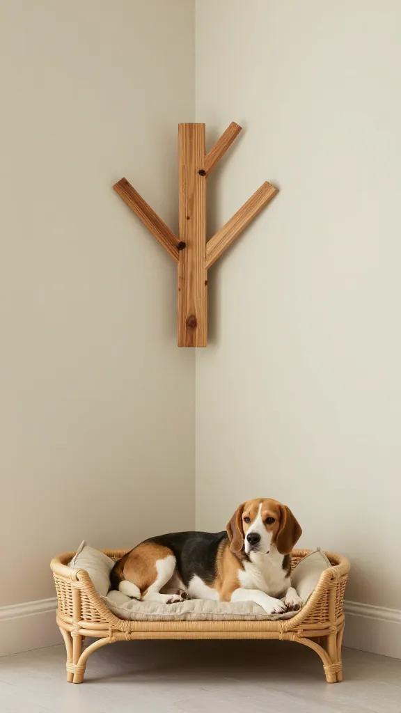 Small living room corner with wall-mounted wooden slat “tree” above a low rattan dog bed, relaxed beagle, muted sage and cream palette, eye-level angle, photorealistic, vertical 2:3, warm natural light, no text, no signs, no plaques