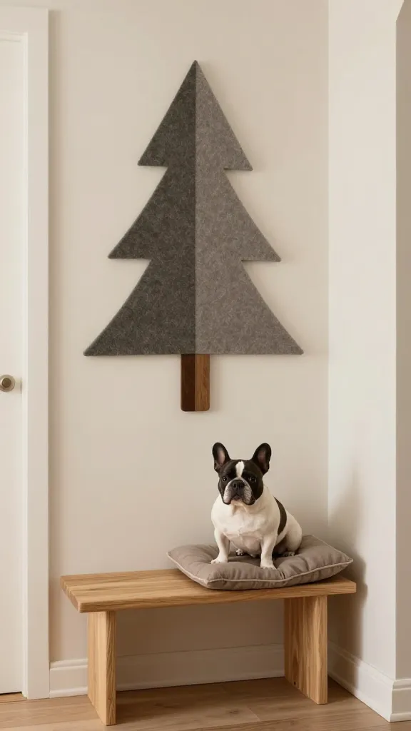 Minimal entryway nook with felt triangle tree on wall, shatterproof accents high, compact oak bench beside a taupe dog cushion, resting French bulldog, soft neutrals, three-quarter angle, photorealistic, vertical 2:3, warm natural light, no text, no signs, no plaques