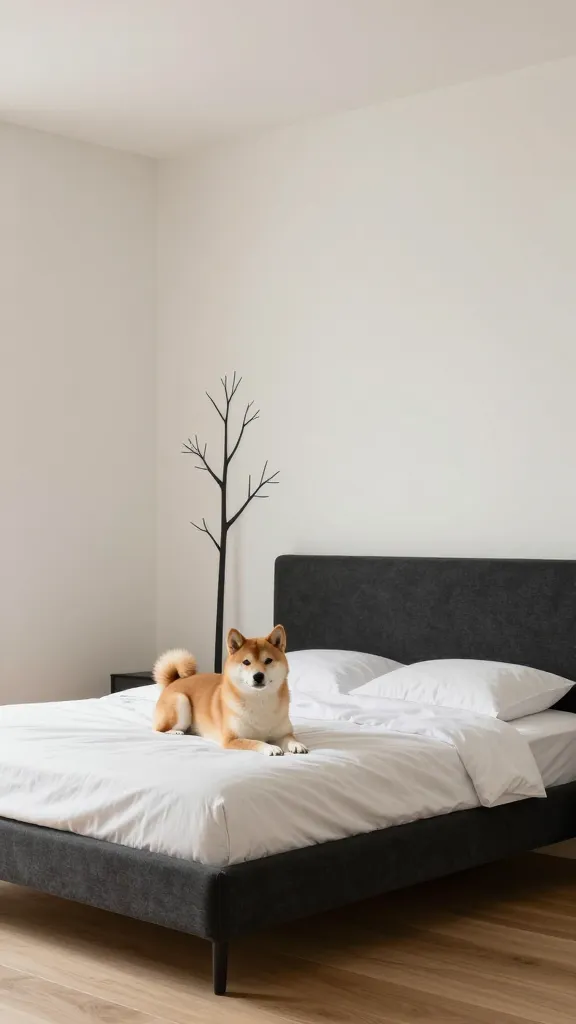 Studio apartment corner featuring slim wall tree silhouette over a charcoal bolster bed, calm Shiba Inu, black-white-wood palette, low angle from floor height, photorealistic, vertical 2:3, warm natural light, no text, no signs, no plaques