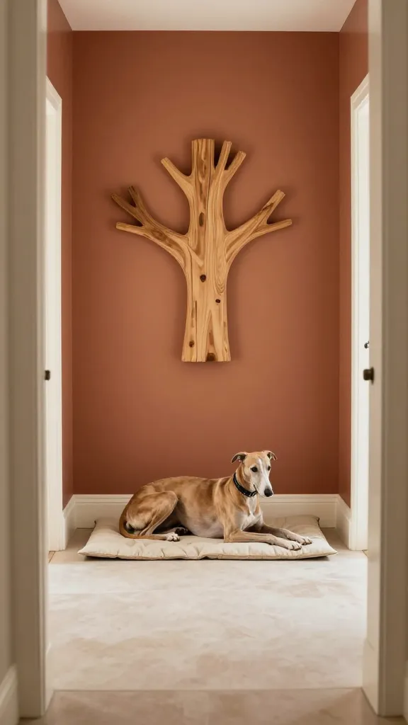 Bedroom reading corner with mounted stained-wood tree form above linen dog mat, lounging greyhound, warm terracotta and ivory tones, wide angle from doorway, photorealistic, vertical 2:3, warm natural light, no text, no signs, no plaques