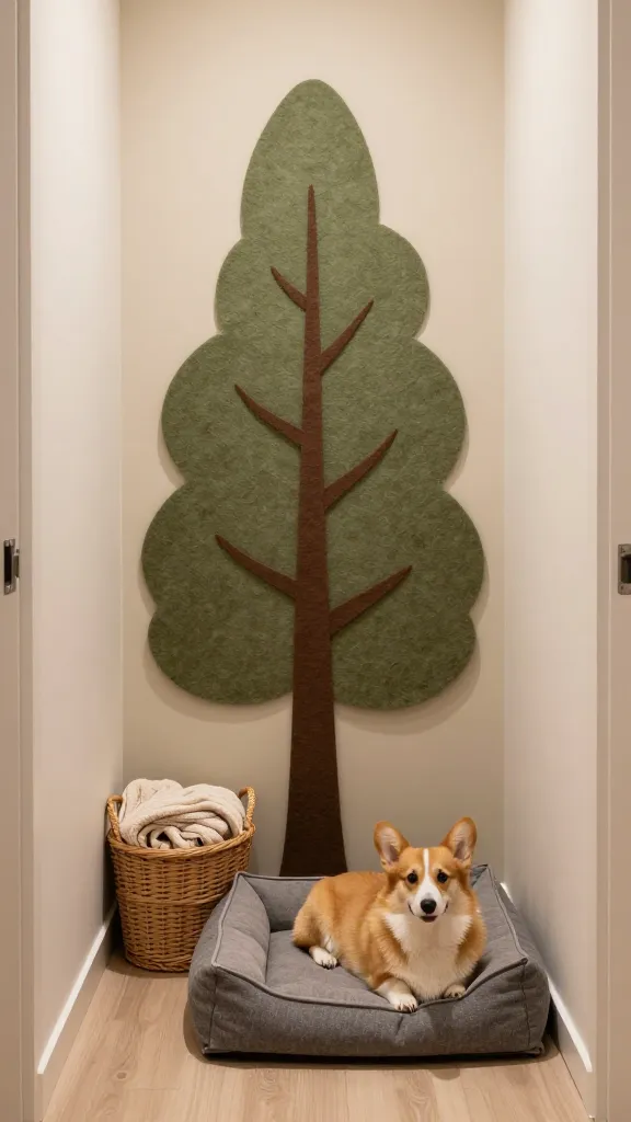 Compact hallway setup with narrow felt tree panel and a wicker basket holding blankets beside a heather-gray dog pad, resting corgi, soft olive and sand palette, overhead three-quarter angle, photorealistic, vertical 2:3, warm natural light, no text, no signs, no plaques
