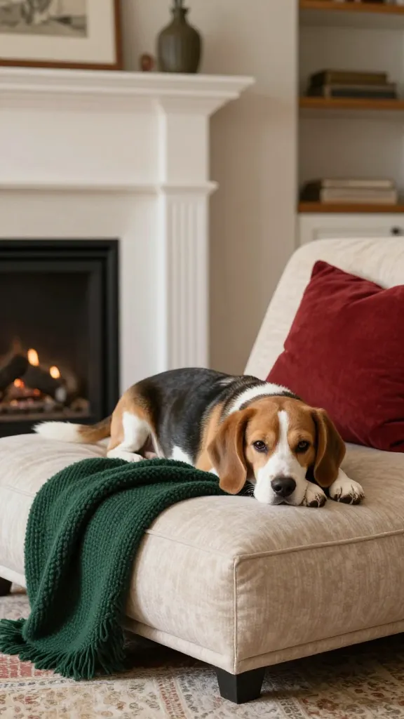 Cozy living room with structured oatmeal bolster bed by fireplace, calm beagle resting, deep green knit throw and red pillow accents, eye-level angle, photorealistic, vertical 2:3, warm natural light, no text, no signs, no plaques