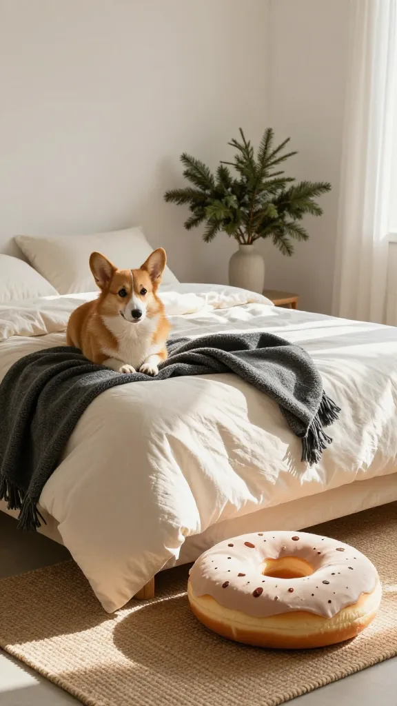 Sunlit bedroom corner featuring cream donut bed on jute rug, relaxed corgi, charcoal throw blanket and evergreen branches in vase, three-quarter angle, photorealistic, vertical 2:3, warm natural light, no text, no signs, no plaques