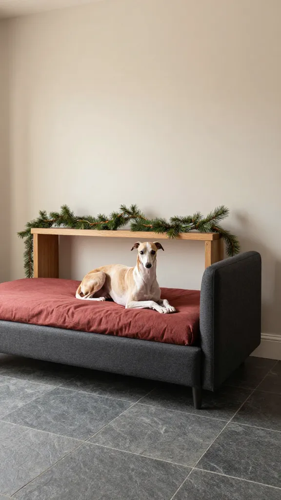 Scandinavian entryway with charcoal bolster bed on slate tile, resting whippet, muted red lumbar cushion and pine garland on console, low angle, photorealistic, vertical 2:3, warm natural light, no text, no signs, no plaques