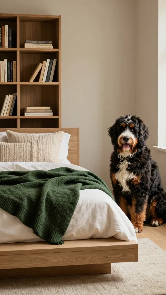Modern den with oatmeal platform bed beside bookshelf, serene Bernedoodle, forest-green wool throw and cream knit pillow, corner composition, photorealistic, vertical 2:3, warm natural light, no text, no signs, no plaques