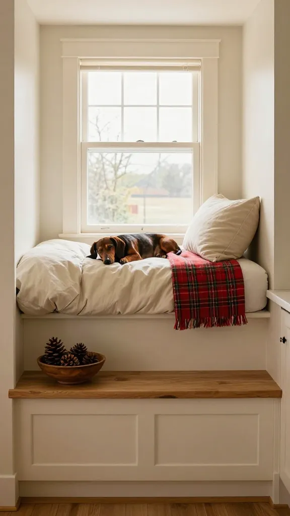 Farmhouse kitchen nook with structured cream bed under window, snoozing dachshund, subtle red plaid blanket and pinecone bowl on bench, overhead three-quarter angle, photorealistic, vertical 2:3, warm natural light, no text, no signs, no plaques