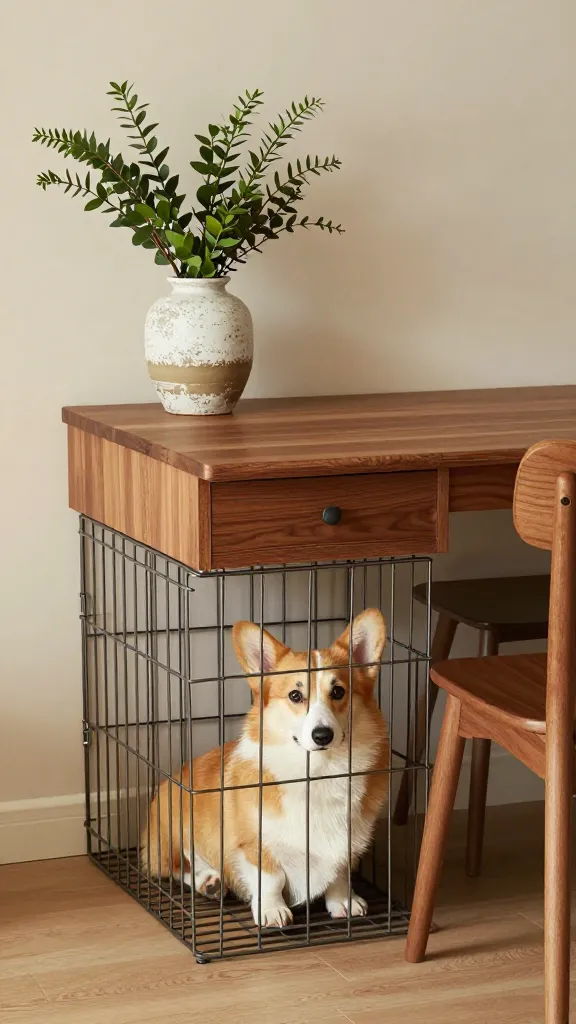 Dining room sideboard disguise: wooden slipcover table over wire crate, ceramic vase with greenery out of reach, calm corgi inside, walnut chairs, three-quarter angle, photorealistic, vertical 2:3, warm natural light, no text, no signs, no plaques