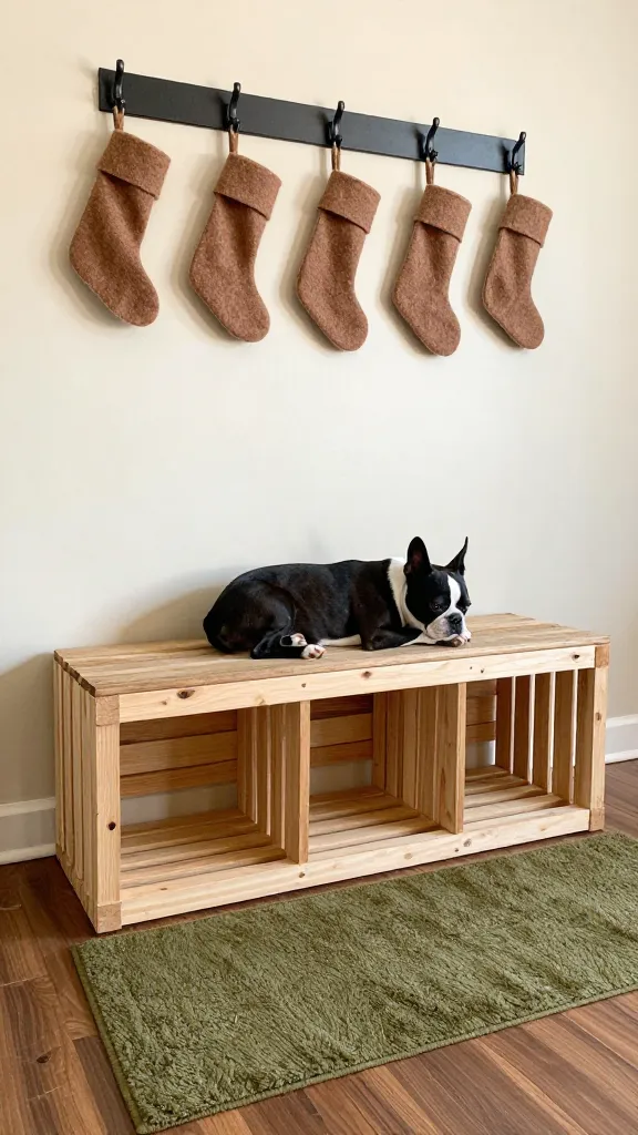 Entryway bench built around crate, felt stockings replaced by simple felt garland above, sleepy Boston terrier, olive runner rug, matte black hooks, low-angle view, photorealistic, vertical 2:3, warm natural light, no text, no signs, no plaques
