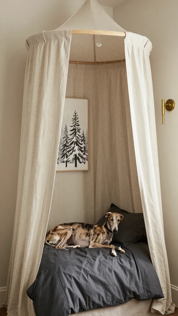 Bedroom corner nook with linen draped crate canopy, snowy pine artwork on wall, relaxed greyhound, charcoal duvet, brass sconce, soft neutral palette, eye-level angle, photorealistic, vertical 2:3, warm natural light, no text, no signs, no plaques