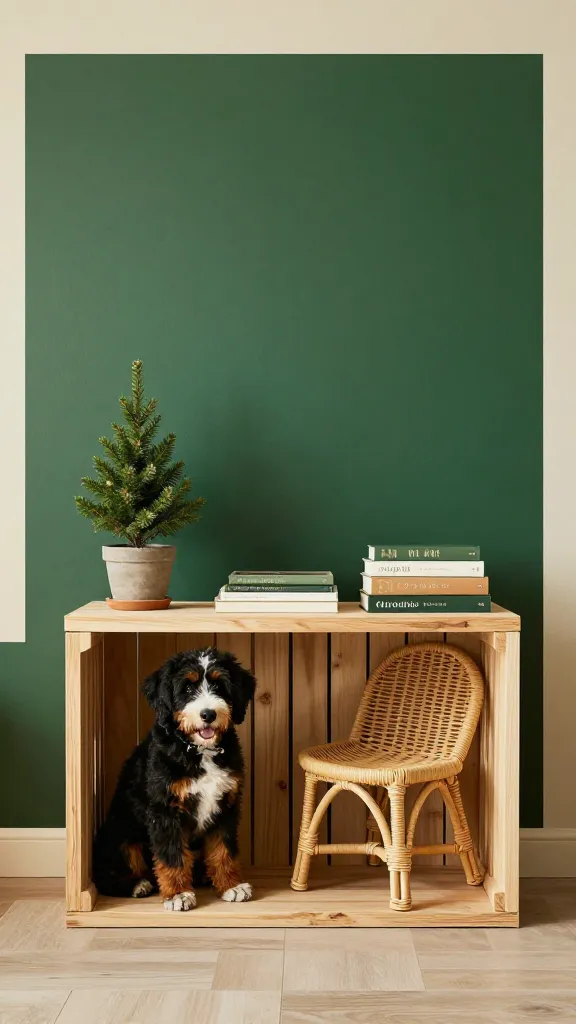 Sunroom setup: crate under floating wood shelf styled with books and potted fir, content Bernedoodle inside, rattan chair, forest green and cream palette, wide angle, photorealistic, vertical 2:3, warm natural light, no text, no signs, no plaques