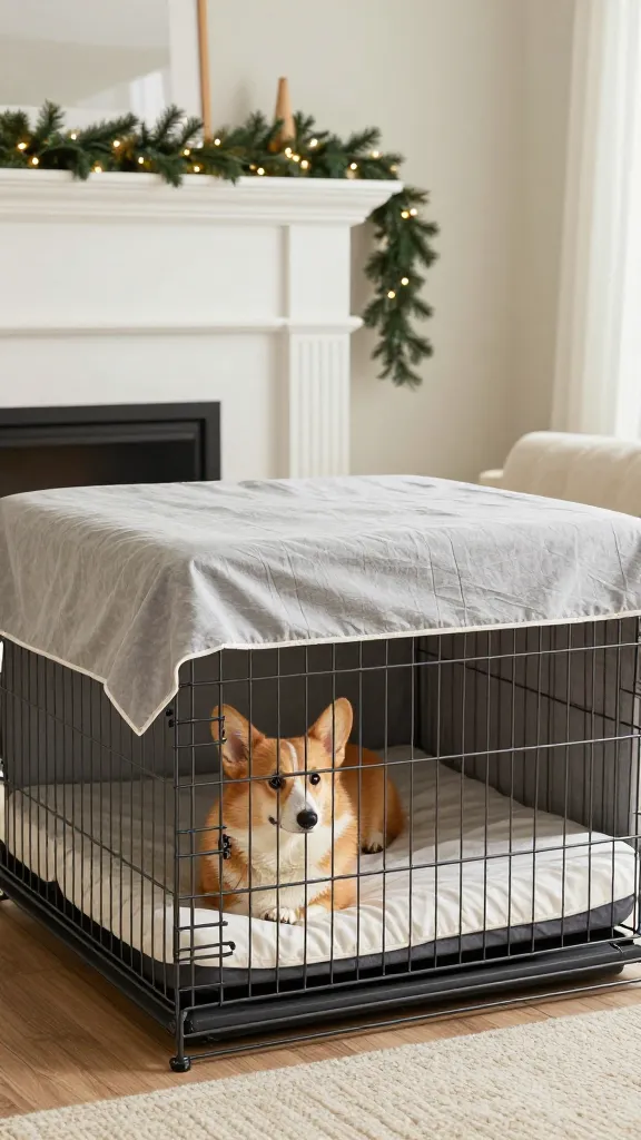 Cozy living room with wire dog crate covered by fitted sheet slipcover, washable gray bed and throw inside, resting corgi, sage and cream palette, eye-level angle, faux pine garland on mantel, photorealistic, vertical 2:3, warm natural light, no text, no signs, no plaques