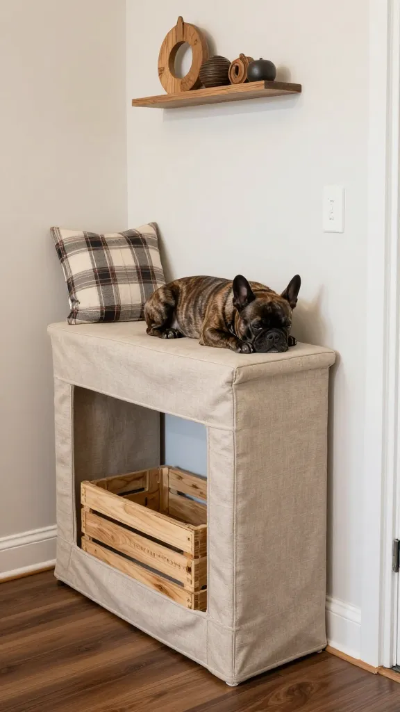 Small apartment entry with crate tucked beside console table, beige slipcover allowing airflow, brindle French bulldog napping, plaid pillow nearby, wooden ornaments on wall shelf, three-quarter angle, photorealistic, vertical 2:3, warm natural light, no text, no signs, no plaques