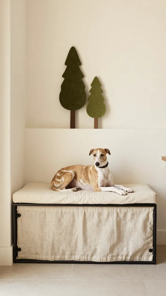 Bright dining nook, black metal crate styled as sideboard base with linen cover, cream cushion, calm whippet resting, olive and ivory palette, felt trees on wall ledge, low angle, photorealistic, vertical 2:3, warm natural light, no text, no signs, no plaques