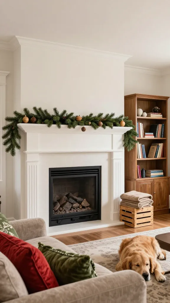 Family room fireplace wall, crate beside bookcase with tan slipcover, washable throw folded, sleeping golden retriever, red and green textiles on sofa, faux pine garland and wooden ornaments on mantel, wide angle, photorealistic, vertical 2:3, warm natural light, no text, no signs, no plaques