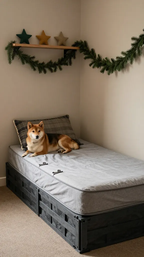 Bedroom corner sanctuary, crate draped with mattress protector neatly clipped, charcoal bed inside, relaxed Shiba Inu, muted taupe and forest green palette, felt stars on high shelf, overhead three-quarter angle, photorealistic, vertical 2:3, warm natural light, no text, no signs, no plaques

Listicle In-Text Image Prompt:
Small living room with budget DIY crate makeover: fitted sheet slipcover leaving front open, gray bed and washable throw, calm beagle resting, plaid textiles, faux pine garland on wall shelf, eye-level angle, photorealistic, vertical 2:3, warm natural light, no text, no signs, no plaques