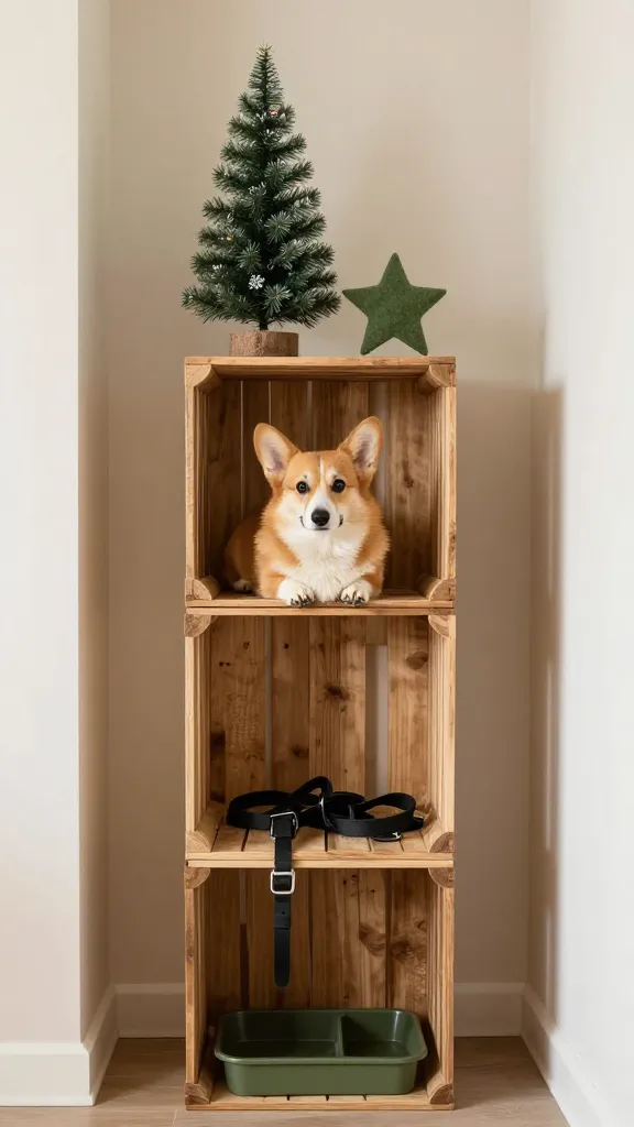 Entryway with a vertical tower of three wooden crates secured together, leashes and boot tray below, faux pine and felt stars on top, resting corgi, neutral and olive palette, eye-level angle, photorealistic, vertical 2:3, warm natural light, no text, no signs, no plaques