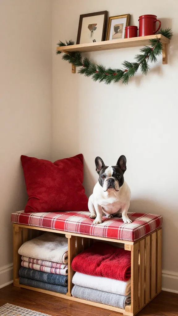 Cozy living room corner featuring a low wooden crate bench with plaid cushion, folded dog towels stored inside, faux garland on wall shelf above, calm French bulldog, warm reds and creams, three-quarter angle, photorealistic, vertical 2:3, warm natural light, no text, no signs, no plaques