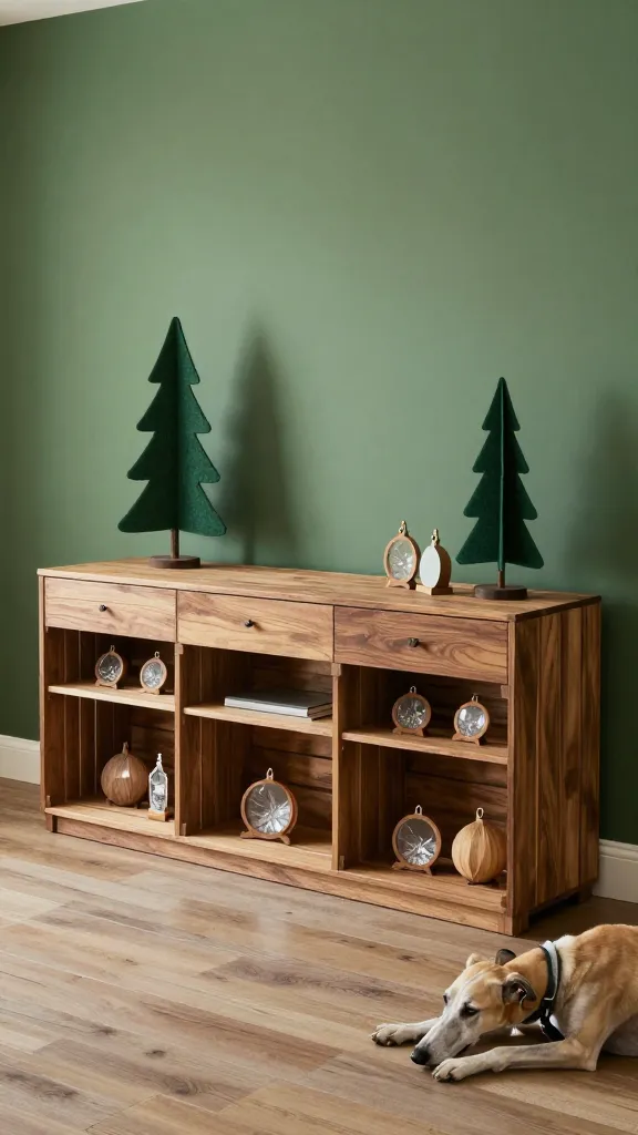 Dining room sideboard made from stacked wooden crates, shatterproof wooden ornaments displayed on upper shelves, felt trees against wall, resting greyhound nearby, forest green and walnut tones, wide angle, photorealistic, vertical 2:3, warm natural light, no text, no signs, no plaques