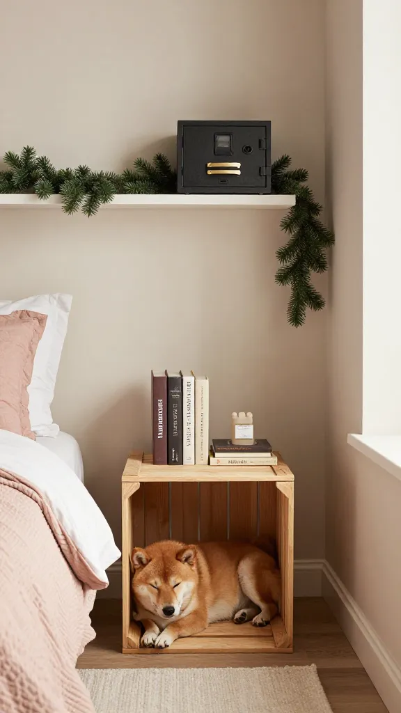 Bedroom nook with a single wooden crate nightstand, books and safe decor up high, faux pine garland on headboard shelf, sleepy Shiba Inu on rug, soft taupe and dusty rose palette, eye-level angle, photorealistic, vertical 2:3, warm natural light, no text, no signs, no plaques