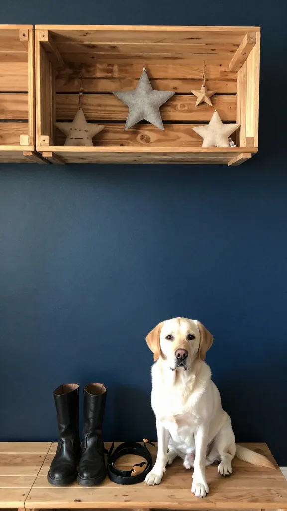 Mudroom wall with mounted wooden crates as cubbies, top shelf styled with felt stars and wooden ornaments, bottom open for boots and leashes, relaxed Labrador, navy and natural wood palette, slight overhead angle, photorealistic, vertical 2:3, warm natural light, no text, no signs, no plaques