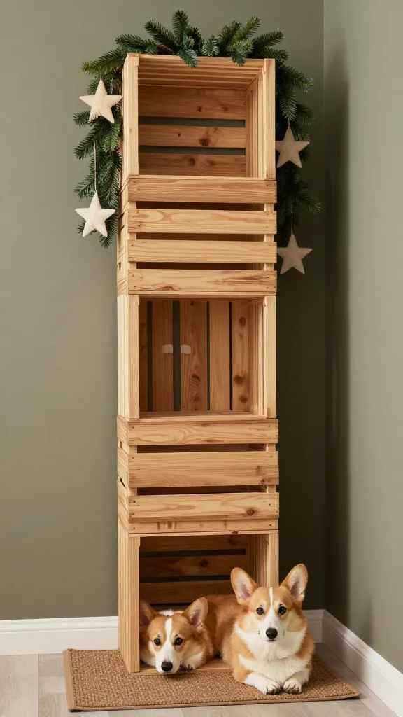 Listicle In-Text Image Prompt:

Entryway with a vertical tower of secured wooden crates, functional storage below, faux pine garland and felt stars placed high, calm corgi resting on mat, neutral and olive palette, eye-level angle, photorealistic, vertical 2:3, warm natural light, no text, no signs, no plaques