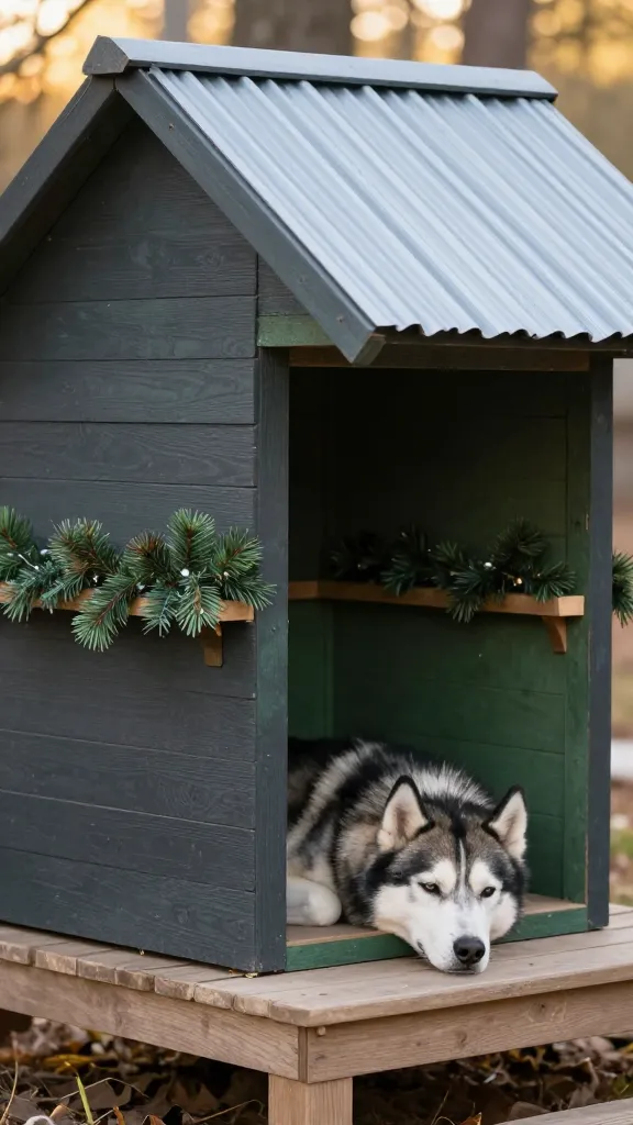 Covered back porch with insulated cedar dog house, gabled metal roof, raised platform, sleeping husky, charcoal and pine-green palette, three-quarter angle, faux pine garland on wall shelf, photorealistic, vertical 2:3, warm natural light, no text, no signs, no plaques