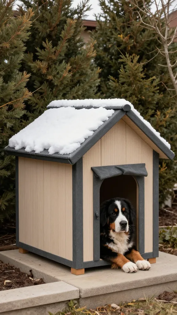 Side yard scene with composite-panel dog house, sloped roof shedding snow, tight weather-sealed door flap, resting Bernese mountain dog, taupe and slate palette, eye-level angle, felt trees on elevated ledge, photorealistic, vertical 2:3, warm natural light, no text, no signs, no plaques