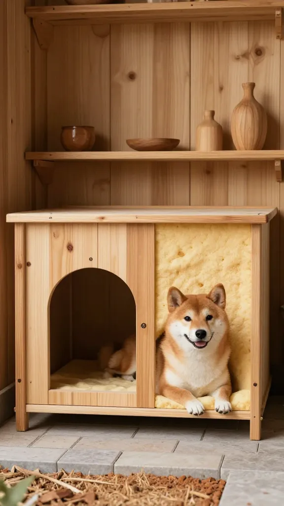 Patio alcove featuring plywood-and-cedar dog house with 2x2 framed walls, foam insulation, raised floor on pavers, lounging Shiba Inu, sand and rust palette, low wide angle, wooden ornaments on high shelf, photorealistic, vertical 2:3, warm natural light, no text, no signs, no plaques