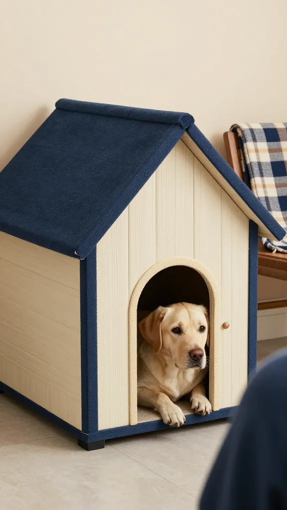 Garden corner with gabled-roof dog house, draft-stopping vestibule entry sized to dog, caulked seams, relaxed Labrador, navy and cream palette, over-the-shoulder angle, plaid throw on bench against wall, photorealistic, vertical 2:3, warm natural light, no text, no signs, no plaques