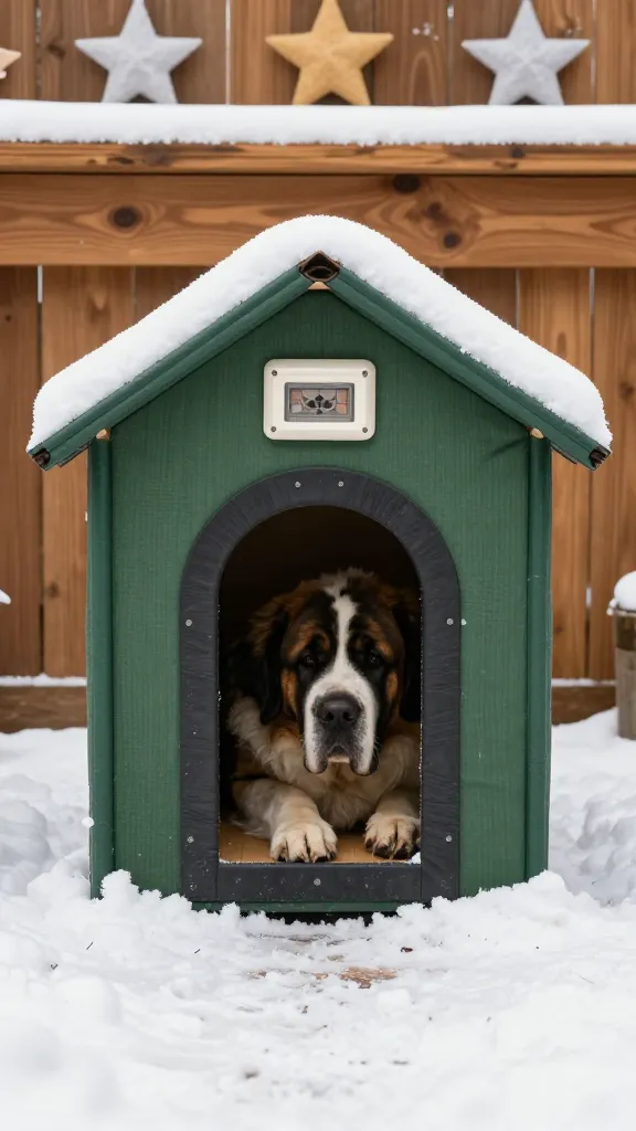 Snowy deck scene with raised insulated dog house, rubber flap door, safe ceramic heat panel mounted high inside, calm Saint Bernard, forest-green and cedar palette, straight-on angle, felt stars on mantel shelf, photorealistic, vertical 2:3, warm natural light, no text, no signs, no plaques